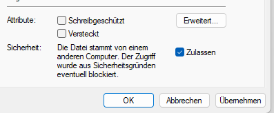 Dateieigenschaften - Zugriff zulassen