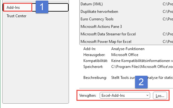 Add-Ins Optionen