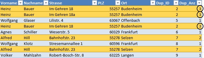 Ergebnis - mehrfach vorkommende Zeilen hervorheben